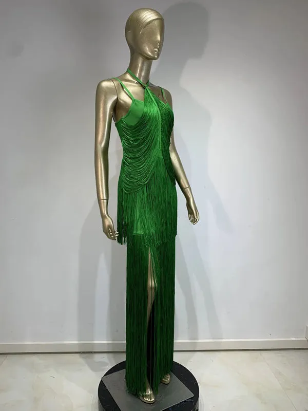 1920s-Inspired Green Fringe Halter Dress