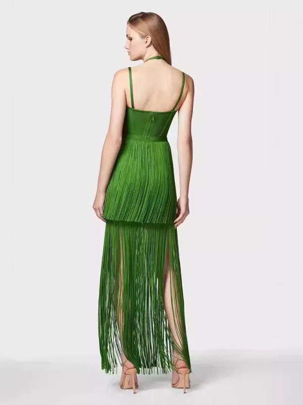 1920s-Inspired Green Fringe Halter Dress