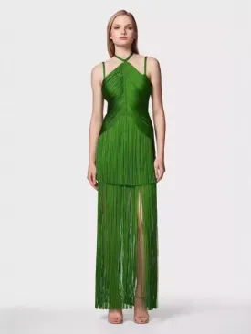 1920s-Inspired Green Fringe Halter Dress