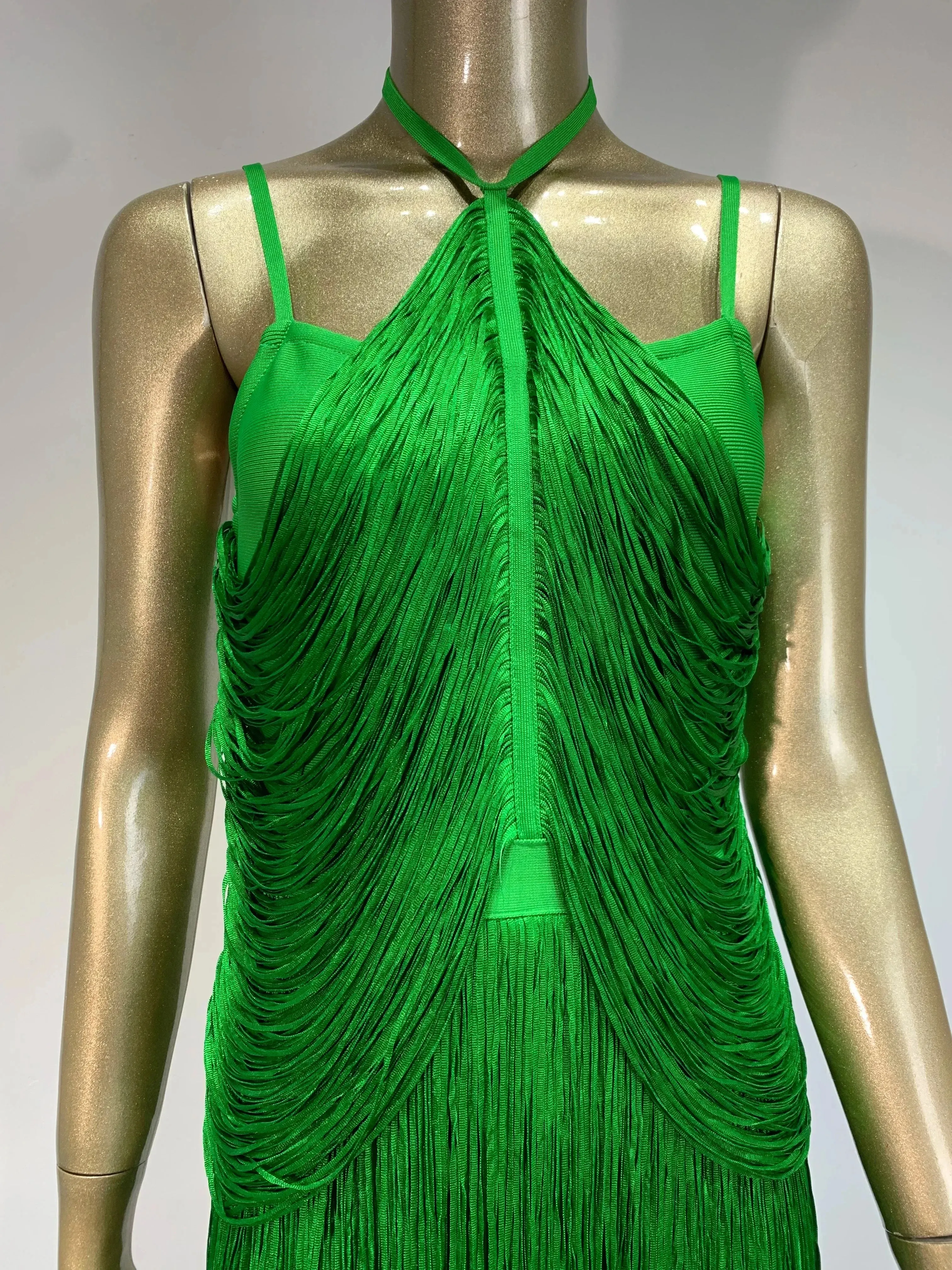 1920s-Inspired Green Fringe Halter Dress