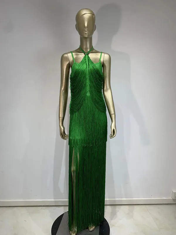 1920s-Inspired Green Fringe Halter Dress