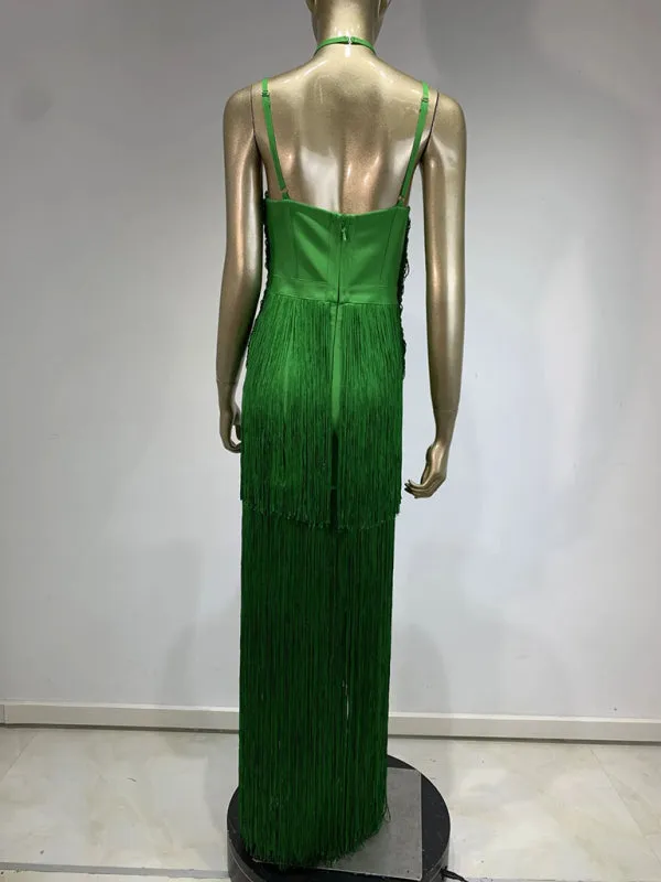 1920s-Inspired Green Fringe Halter Dress