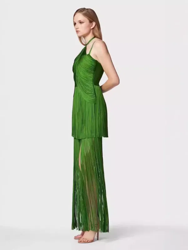 1920s-Inspired Green Fringe Halter Dress