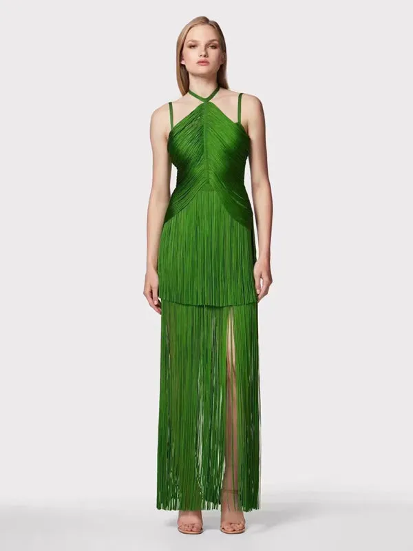 1920s-Inspired Green Fringe Halter Dress
