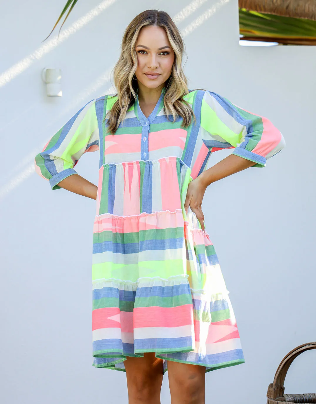 Brianna Button Front Dress - Blue/Green/Mango