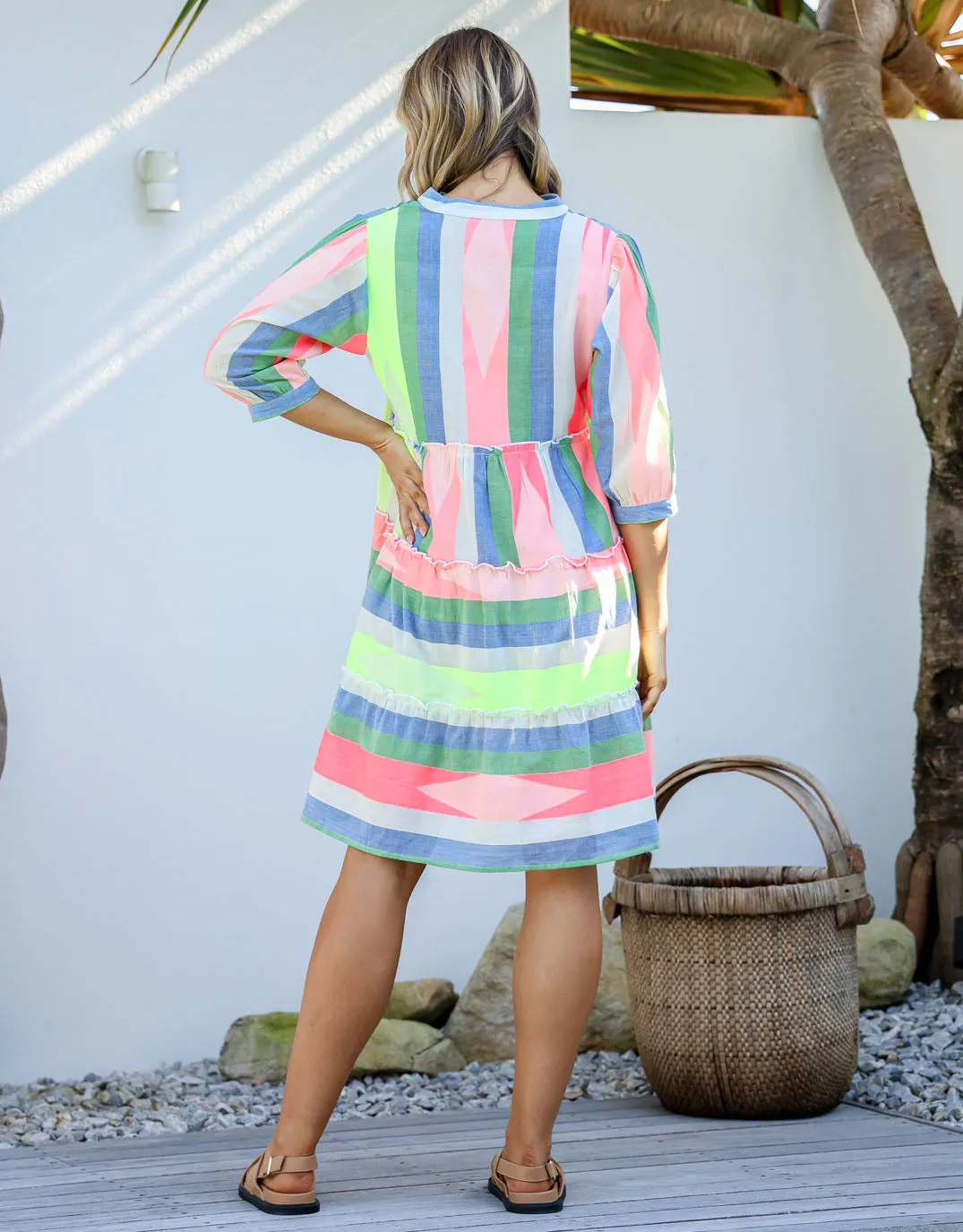 Brianna Button Front Dress - Blue/Green/Mango