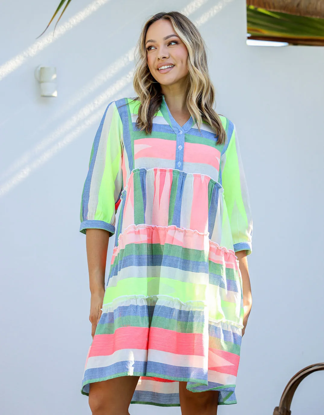 Brianna Button Front Dress - Blue/Green/Mango