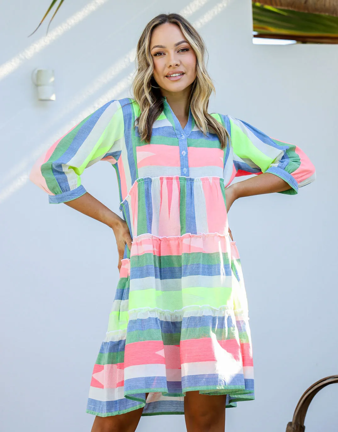 Brianna Button Front Dress - Blue/Green/Mango