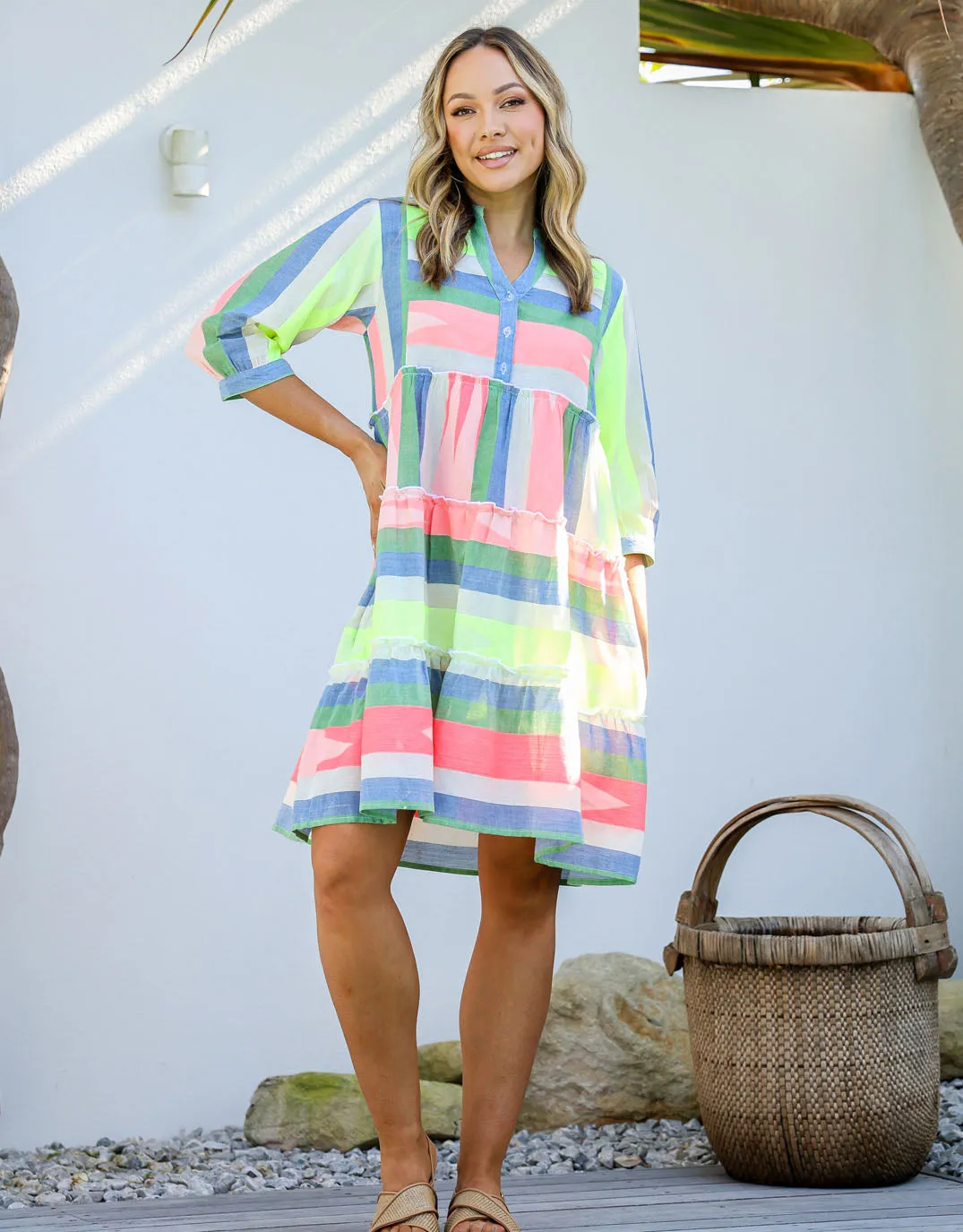 Brianna Button Front Dress - Blue/Green/Mango