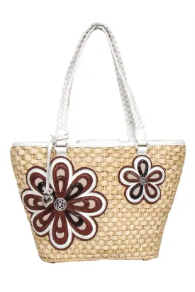 Brighton - Beige Straw Tote Bag w/ Leather Flowers