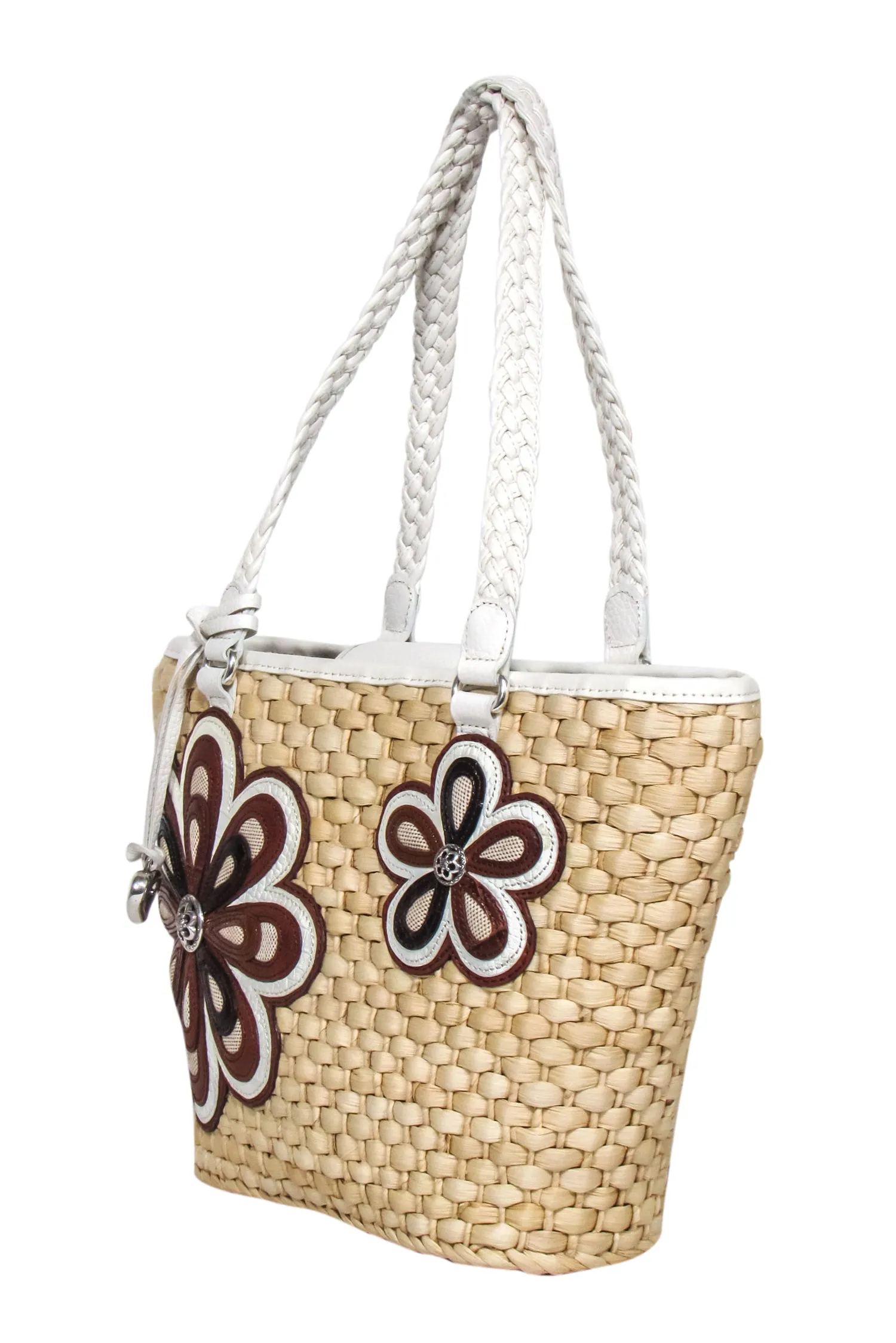 Brighton - Beige Straw Tote Bag w/ Leather Flowers