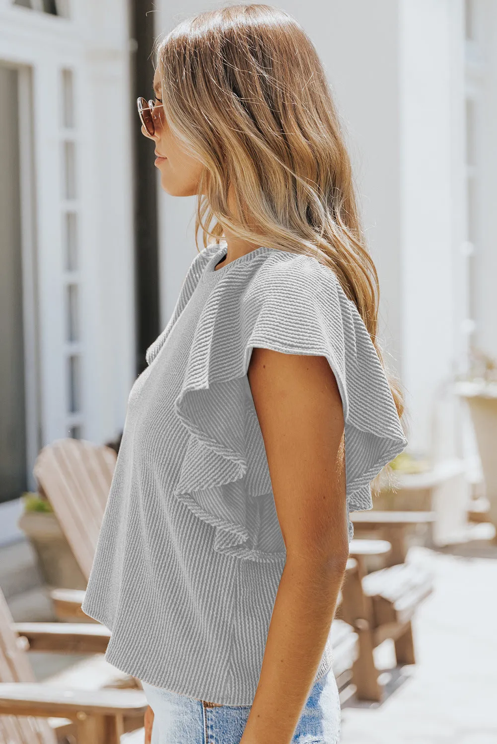 Casual Crew Neck Ruffle Sleeve Solid Color Top