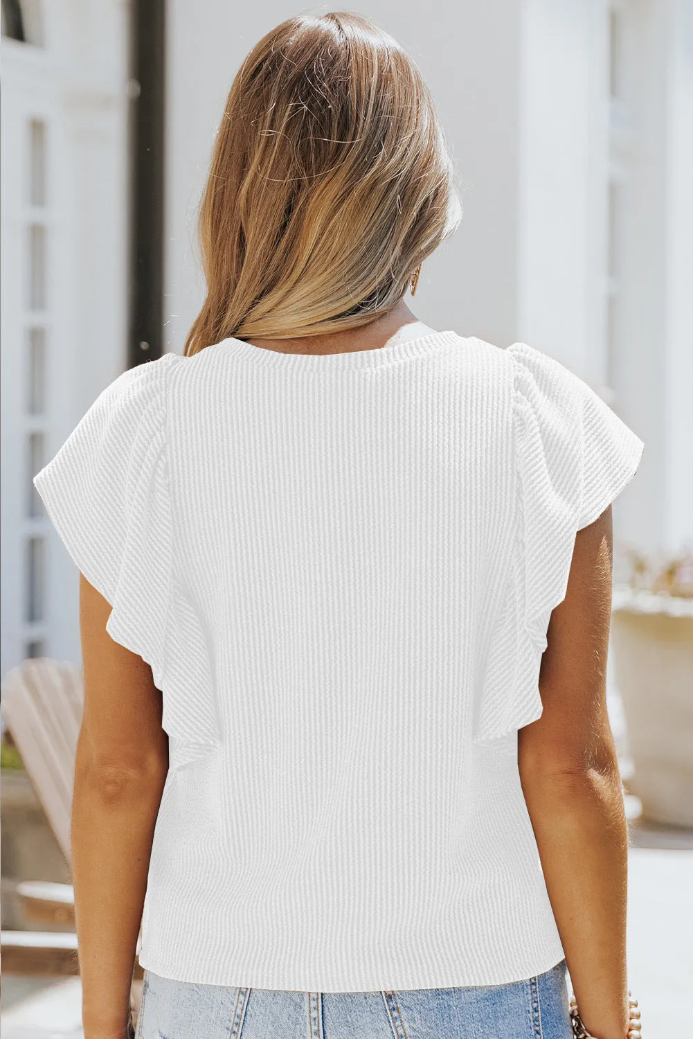 Casual Crew Neck Ruffle Sleeve Solid Color Top