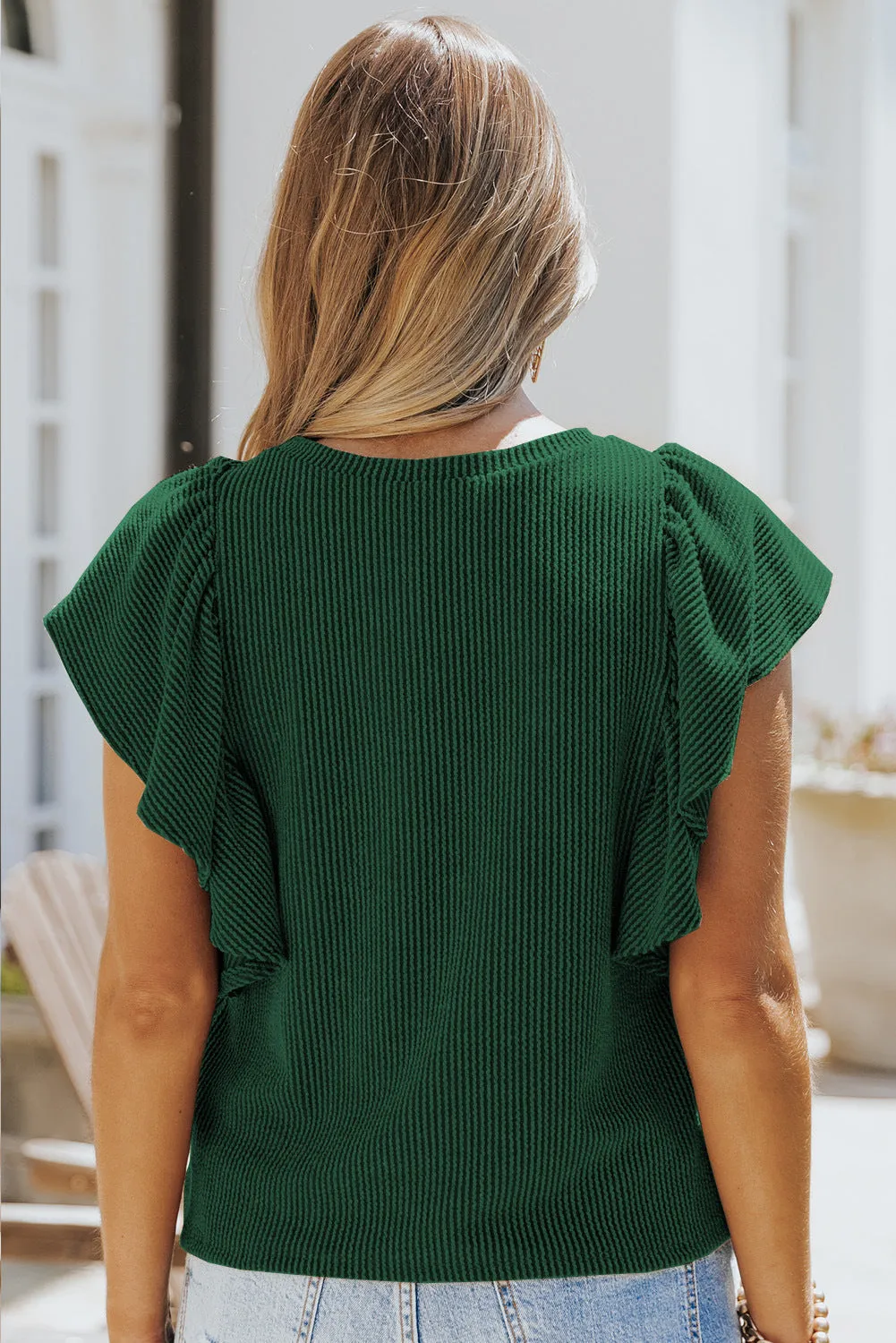 Casual Crew Neck Ruffle Sleeve Solid Color Top