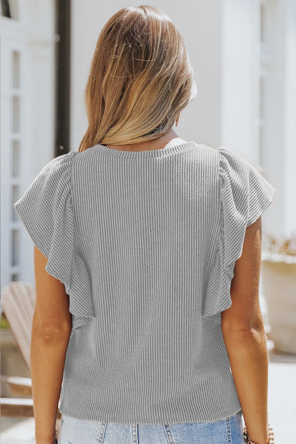 Casual Crew Neck Ruffle Sleeve Solid Color Top