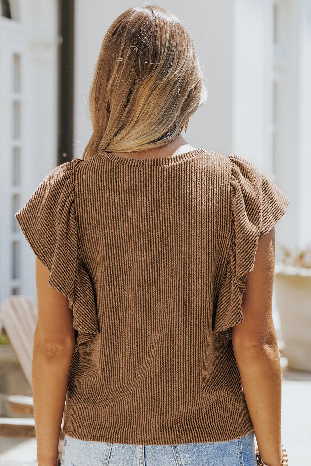 Casual Crew Neck Ruffle Sleeve Solid Color Top