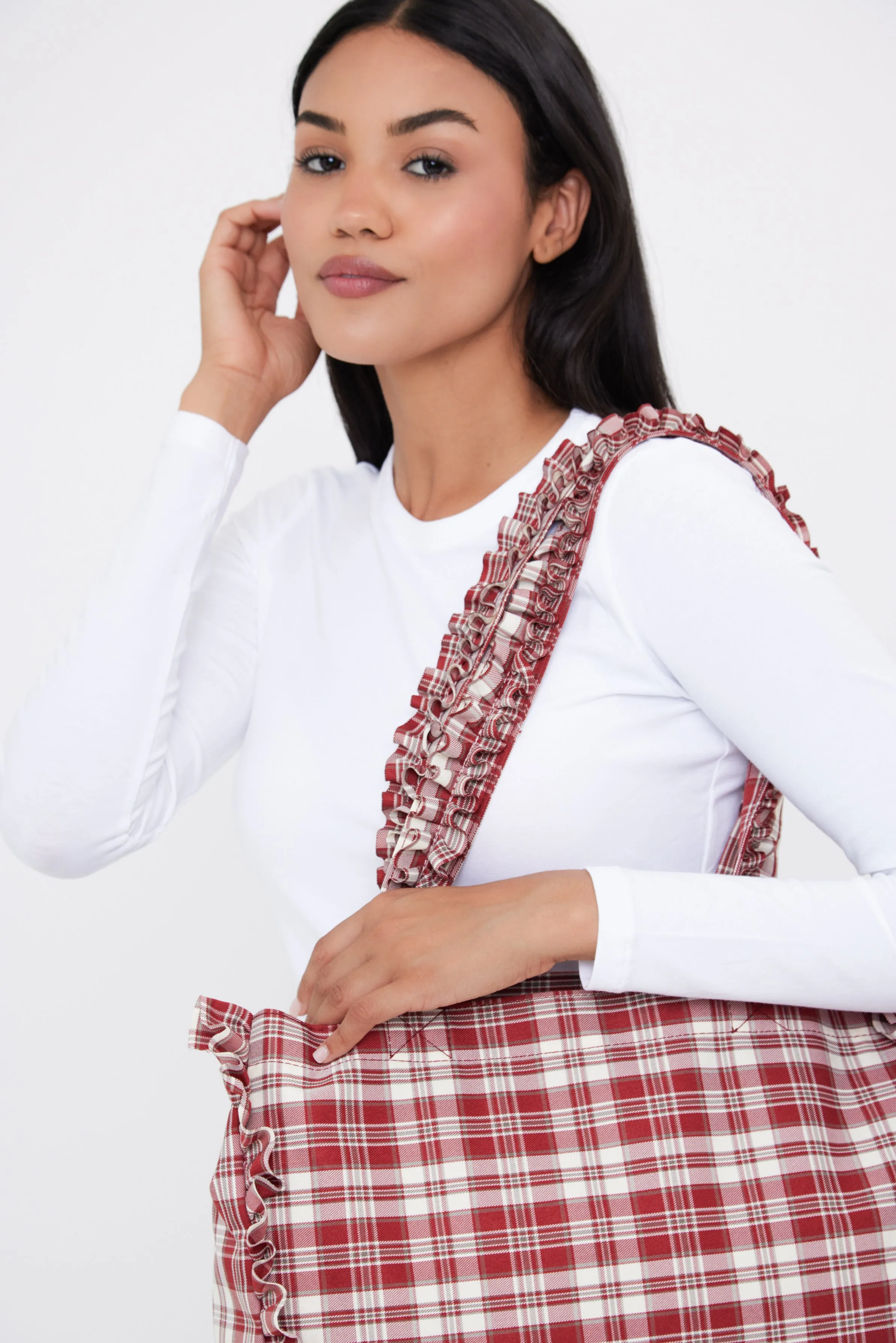 Check Tote Bag with Ruching Detail in Red