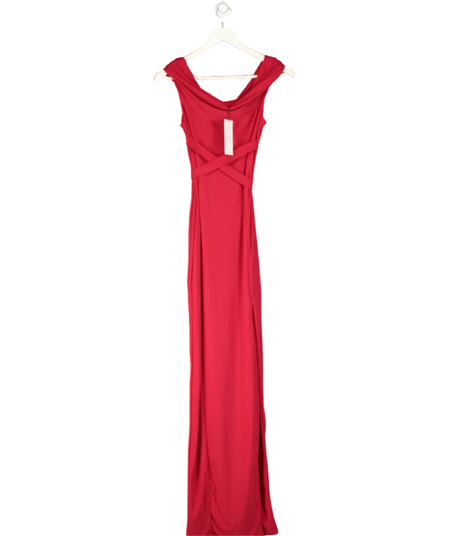 Club L  Burgundy Halter Neck Bardot Maxi Dress With Thigh Split UK 10