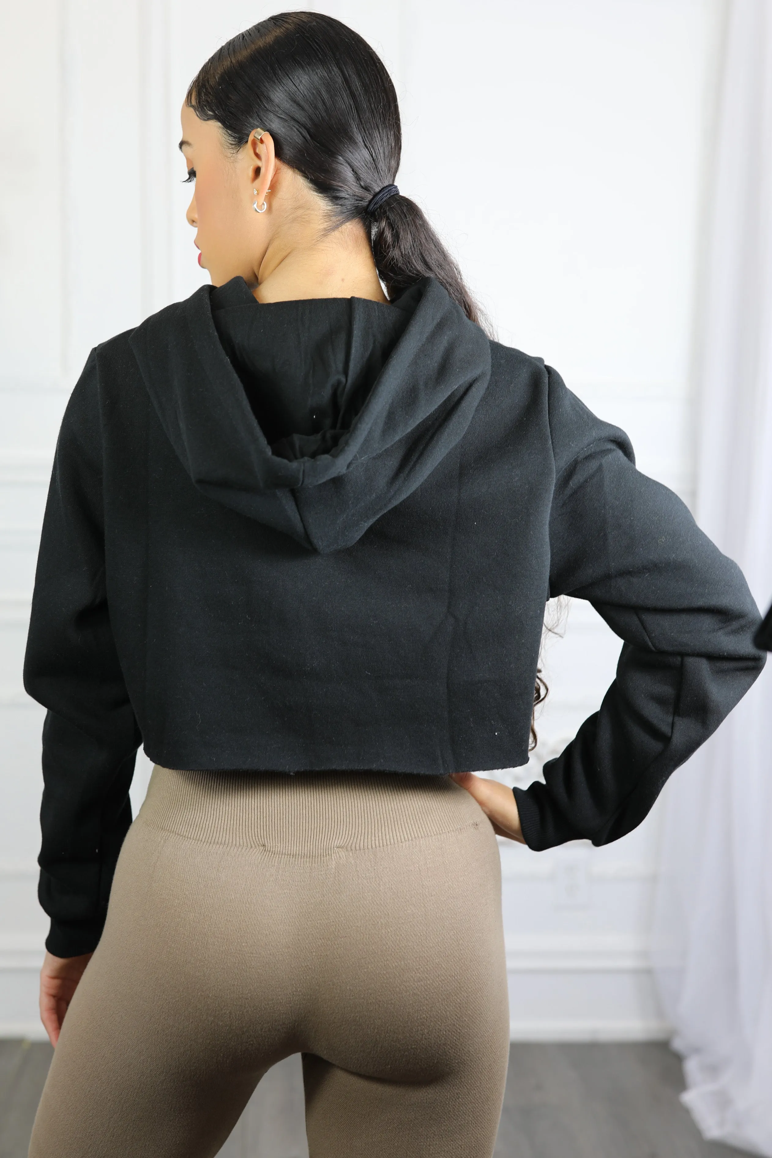 Cropped French Terry Hoodie Sweatshirt with String