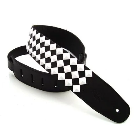 DSL Guitar Strap Leather 2.5" White 24 Rows of 15mm Pyramids
