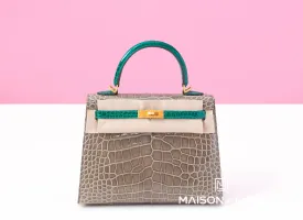Hermes Kelly Sellier 25 Gris Tourterelle   Vert Emeraude HSS Crocodile Alligator Handbag