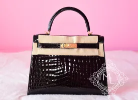 Hermes Noir Black GHW Niloticus Crocodile Sellier Kelly 28 Handbag