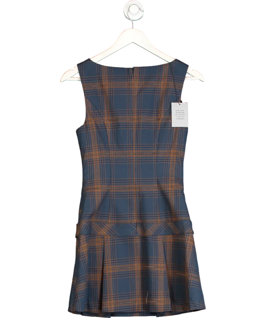 h:ours Blue Brown Check Pleated Mila Mini Dress UK XS