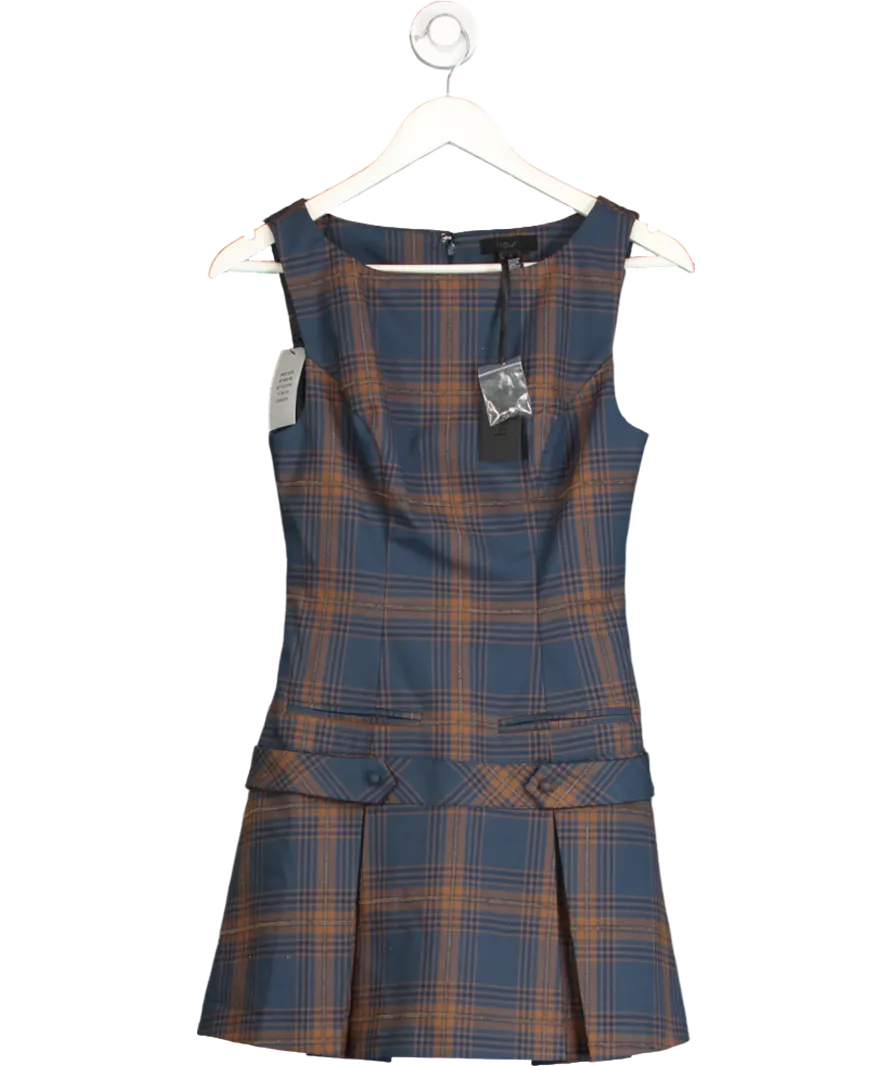 h:ours Blue Brown Check Pleated Mila Mini Dress UK XS