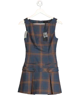 h:ours Blue Brown Check Pleated Mila Mini Dress UK XS