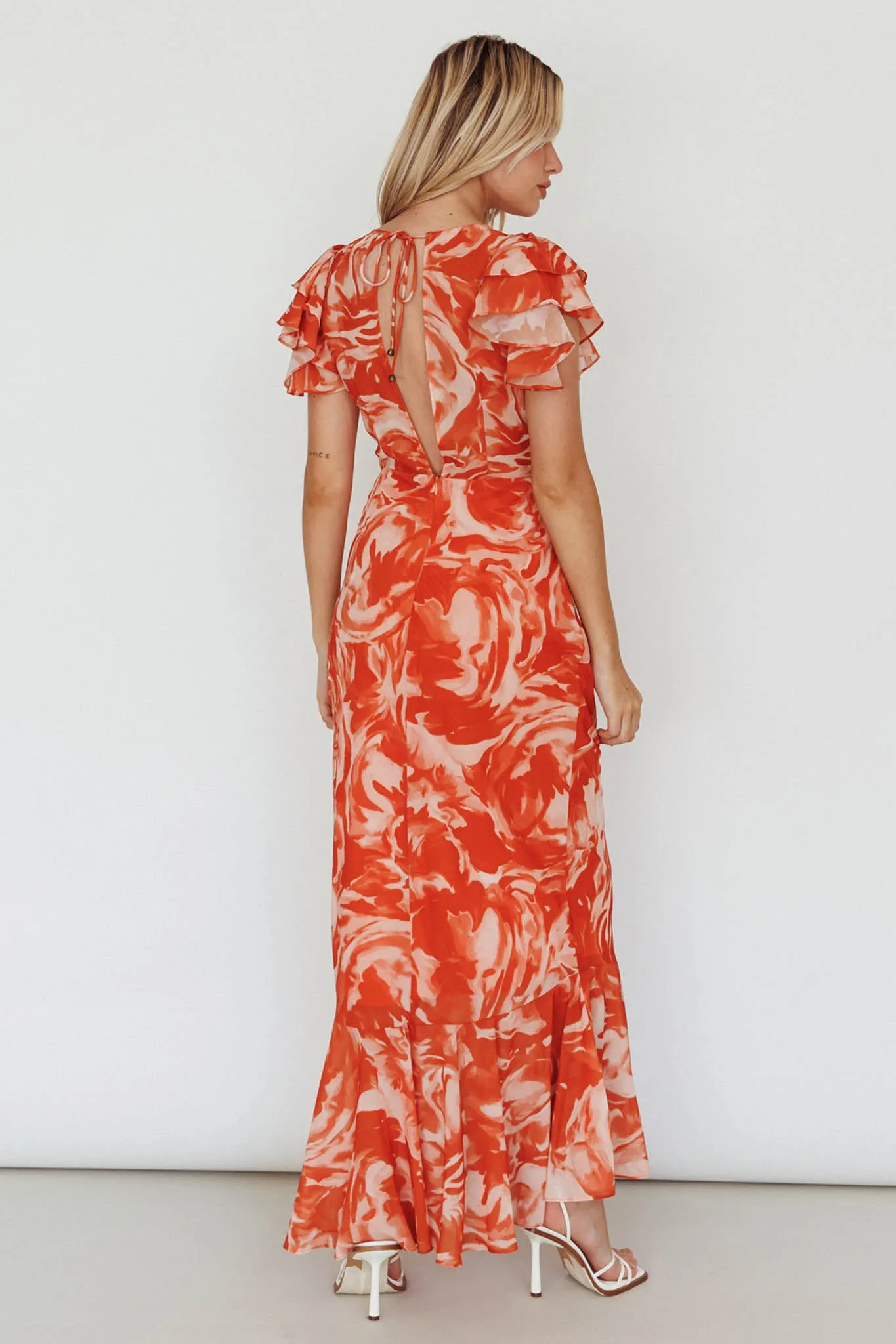 Lydiah Ruffle Sleeve Maxi Dress Floral Orange