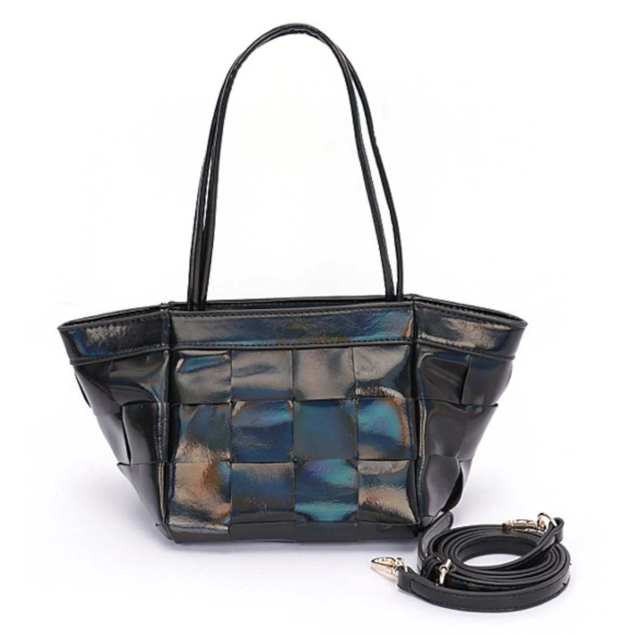 Metallic Faux Leather Weaved Small Tote Bag