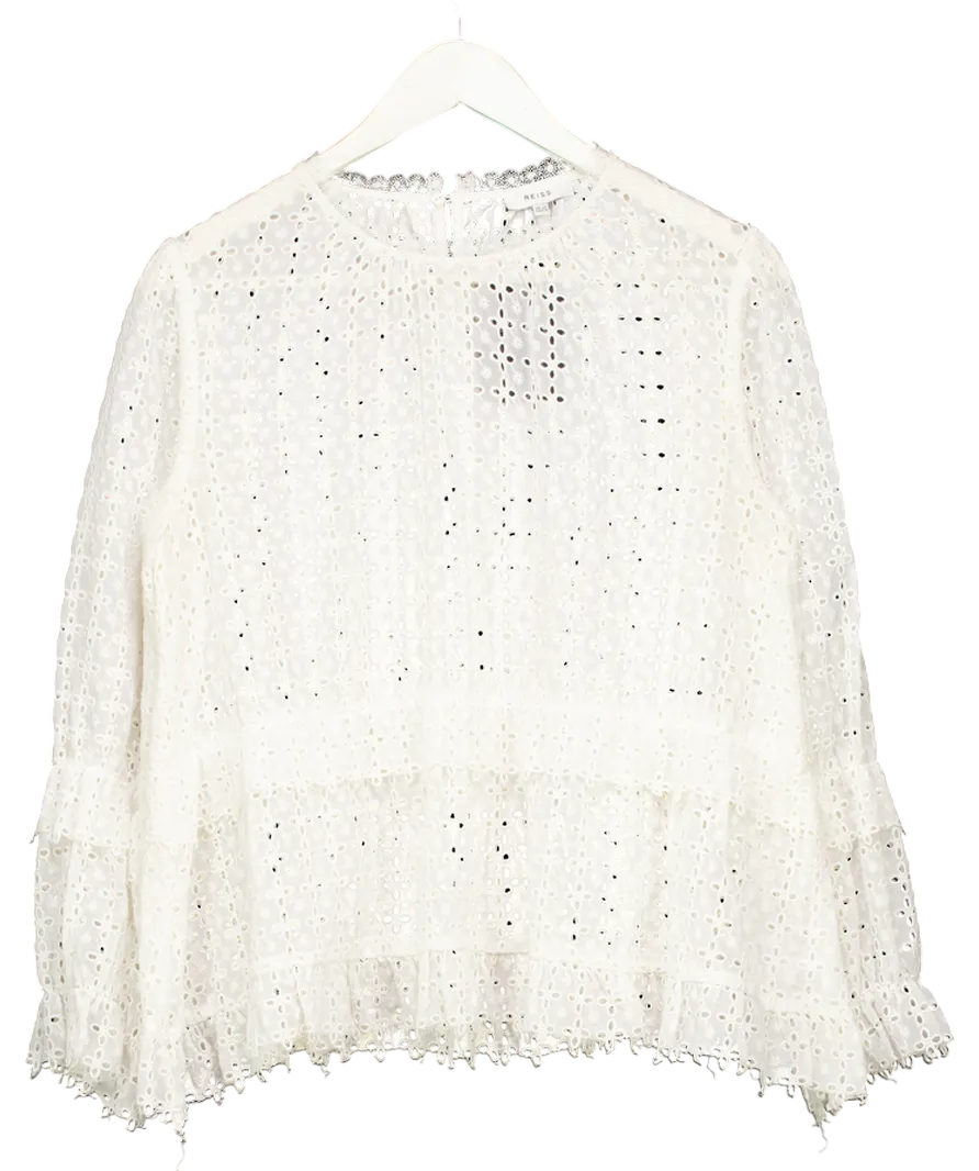 REISS Cream Madie Tiered Broderie Blouse UK 12