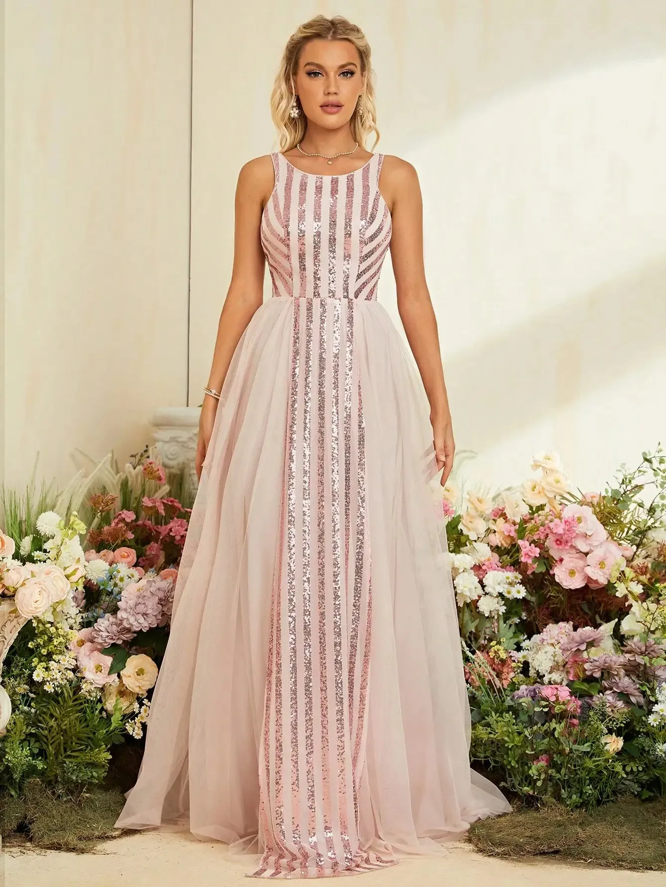 Sequin Gown Blush Pink Tulle Dress for Elegant Weddings
