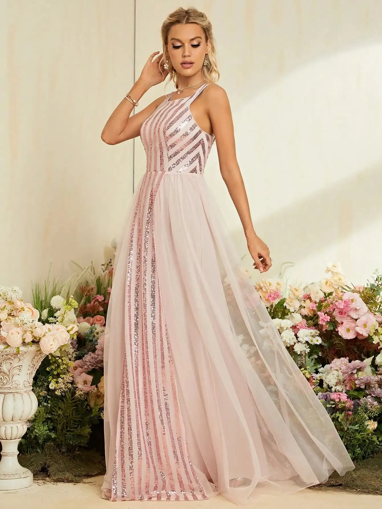 Sequin Gown Blush Pink Tulle Dress for Elegant Weddings