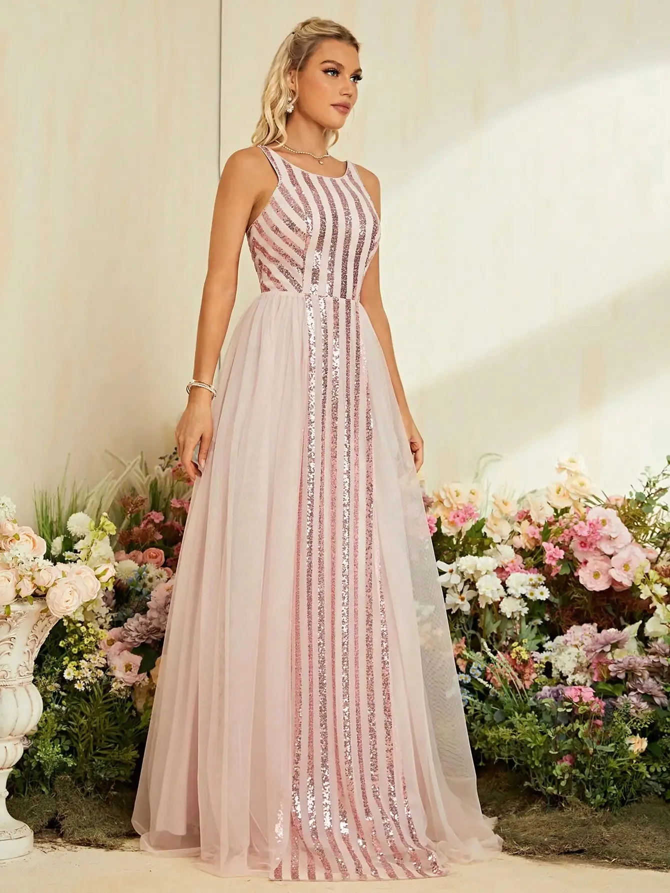 Sequin Gown Blush Pink Tulle Dress for Elegant Weddings