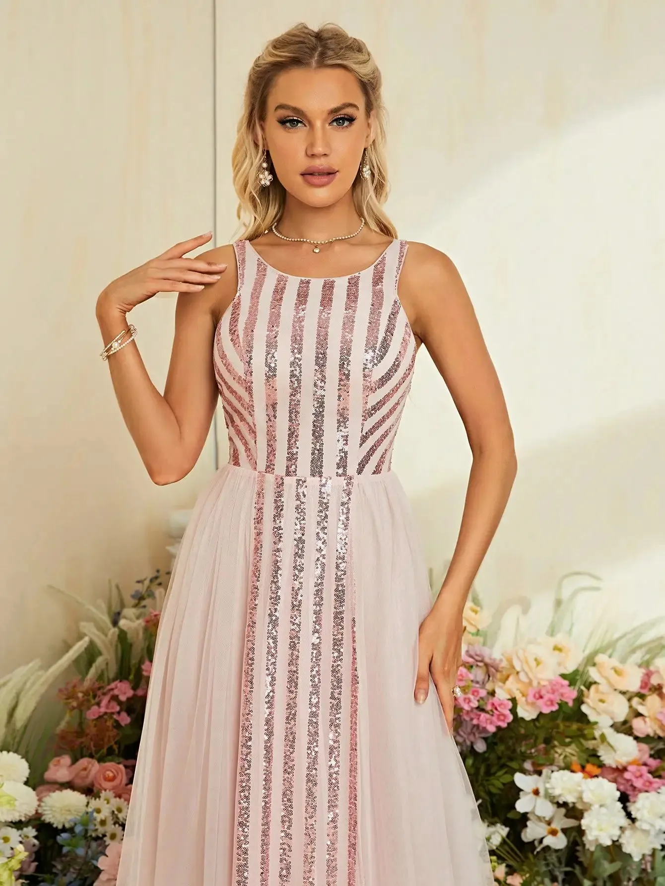 Sequin Gown Blush Pink Tulle Dress for Elegant Weddings